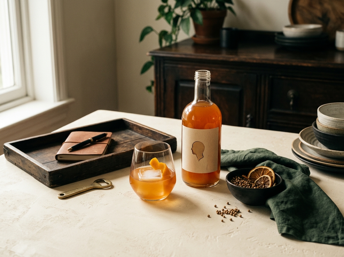 An amber pour beside a notebook, dried citrus, and tasting ingredients on a table.