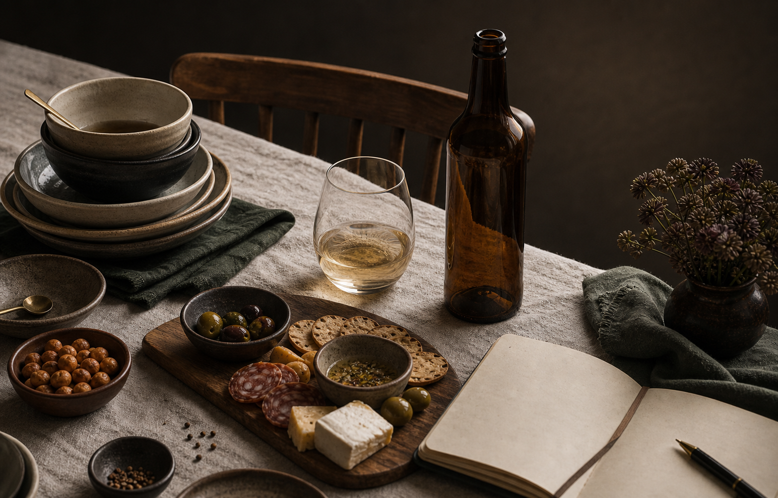 A host's tasting table with stacked plates, an amber bottle, a tasting glass, snacks, and an open notebook.